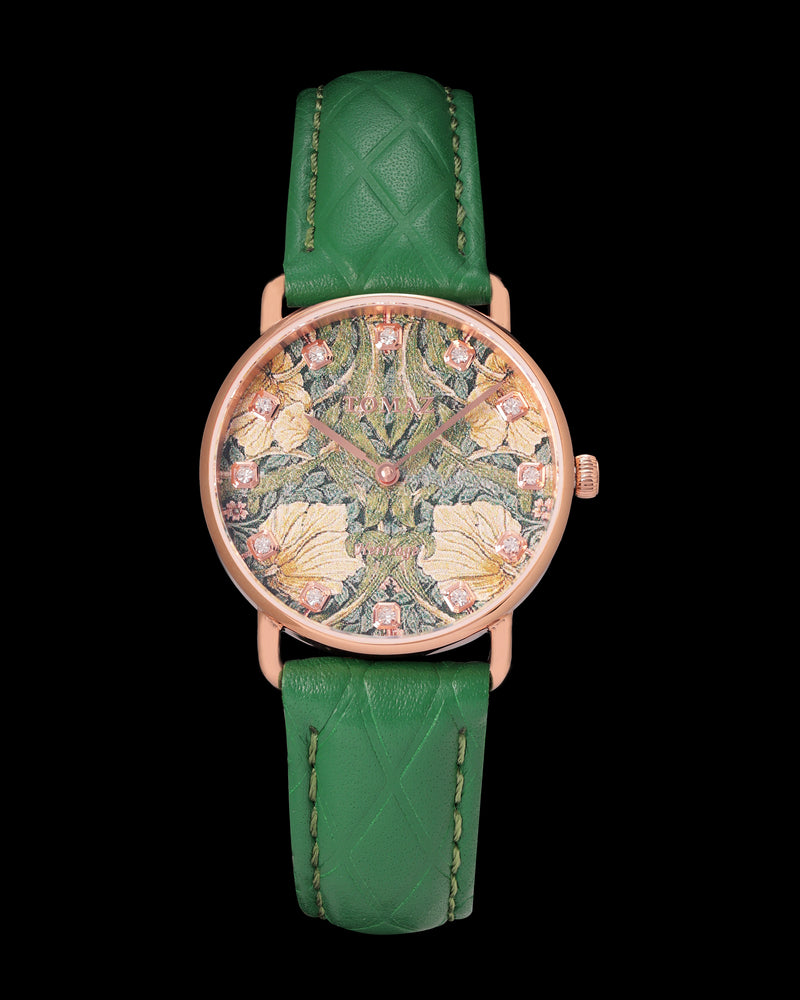 Tomaz Ladies Watch G1LE-D20 Flower Leaf (Rosegold) Green Leather Strap
