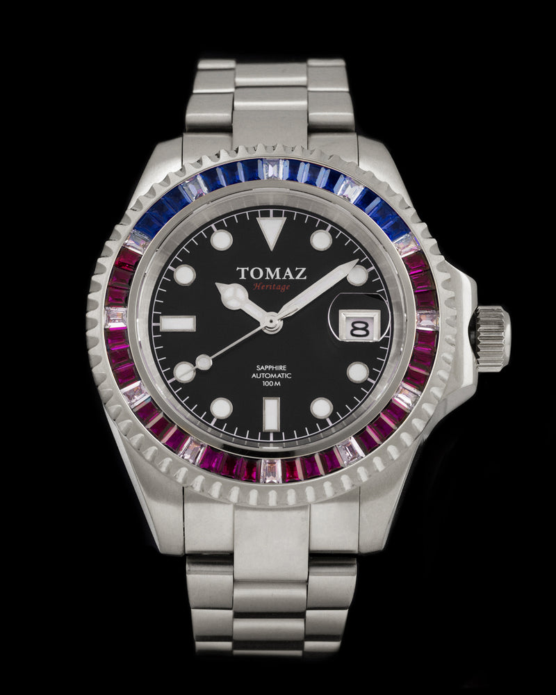 Tomaz Men's Watch GR01BS-D2 (Silver) with Purple White Blue Swarovski (Silver Stainless Steel)
