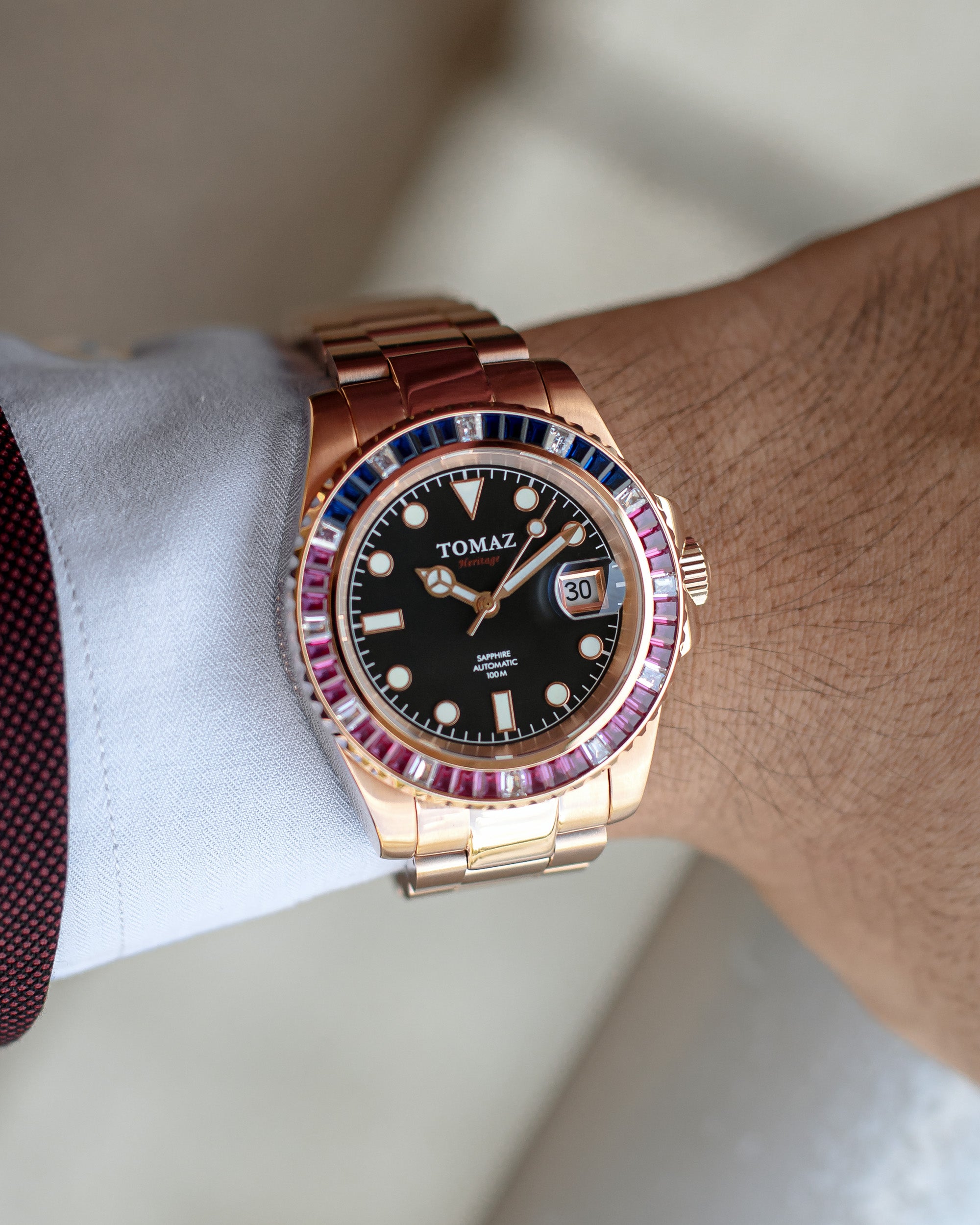 Jam Tangan Lelaki Tomaz GR01BS-D12 (Rosegold) dengan Swarovski Putih Biru Ungu (Keluli Tahan Karat Rosegold)