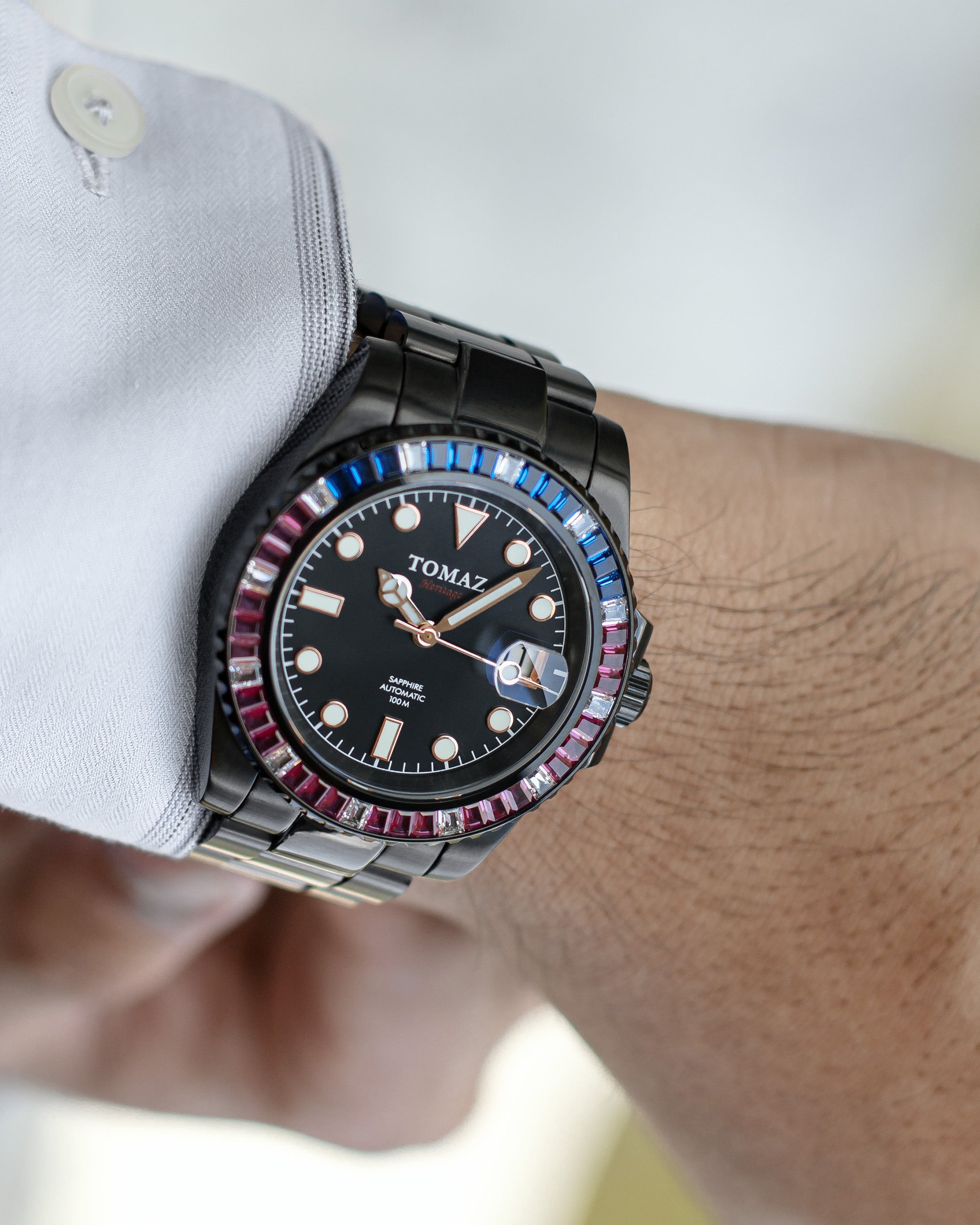 Jam Tangan Lelaki Tomaz GR01BS-D9 (Hitam) dengan Swarovski Putih Tentera Laut Ungu (Keluli Tahan Karat Hitam)