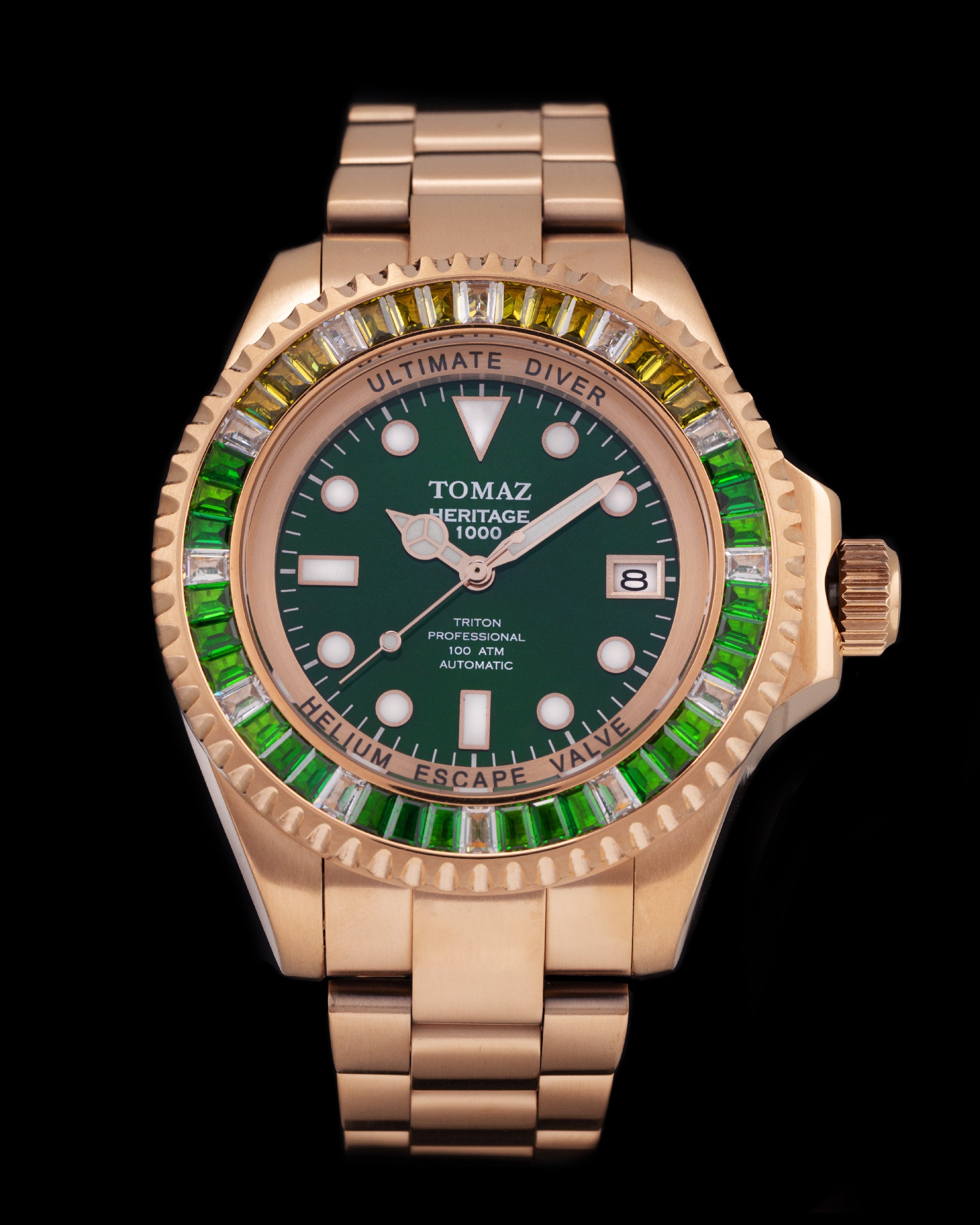 Ultimate Diver GR06-D14 (Rosegold/Hijau) dengan Swarovski Putih Kuning Hijau (Keluli Tahan Karat Rosegold)