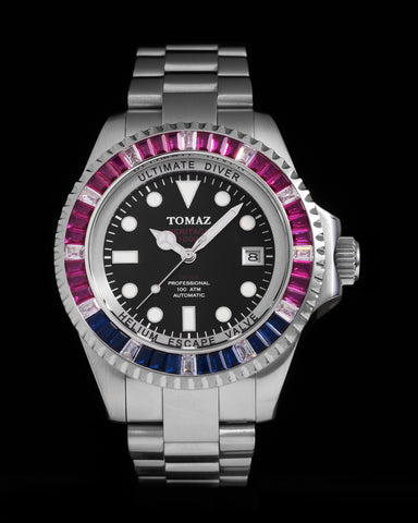 Ultimate Diver GR06-D2 (PERAK/Hitam) dengan Swarovski Putih Biru Merah Jambu (Keluli Tahan Karat Perak)