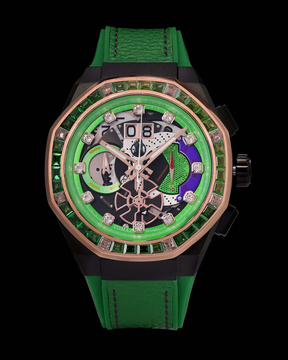 Marvel Hulk TQ023F-D1 (Black/Rosegold) with Green Crystal (Green Leather with Silicone Strap)