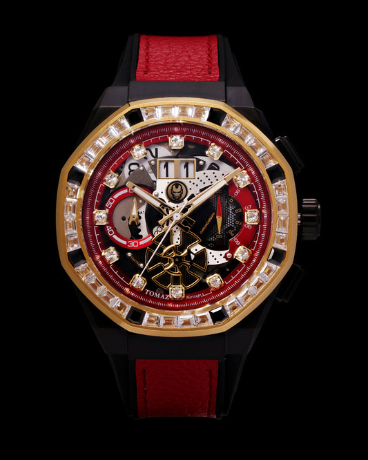 Marvel Iron Man TQ023C-D1 (Black/Gold) with White Crystal (Red Leather with Silicone Strap)