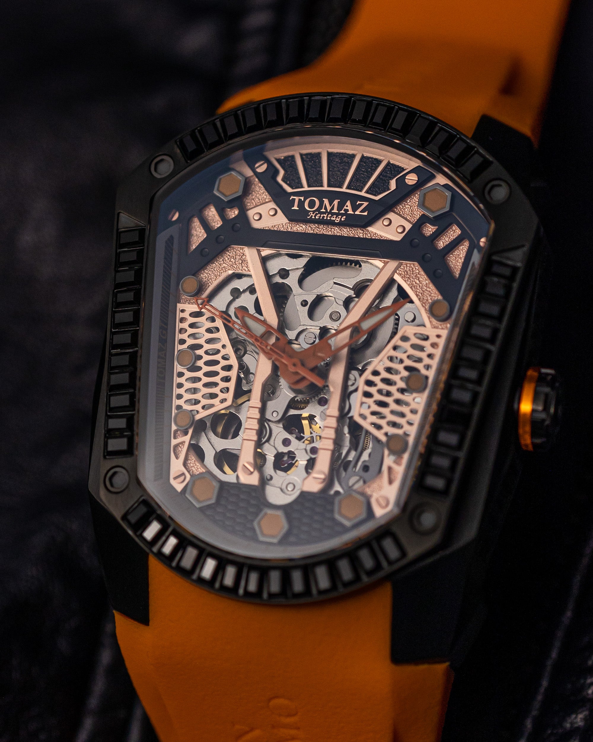 GT Skeleton TW028-D6 (Black/Orange) with Black Swarovski (Orange Rubber Strap)