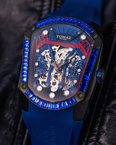 GT Skeleton TW028-D9 (Hitam/Biru) dengan Swarovski Biru (Tali Getah Biru)