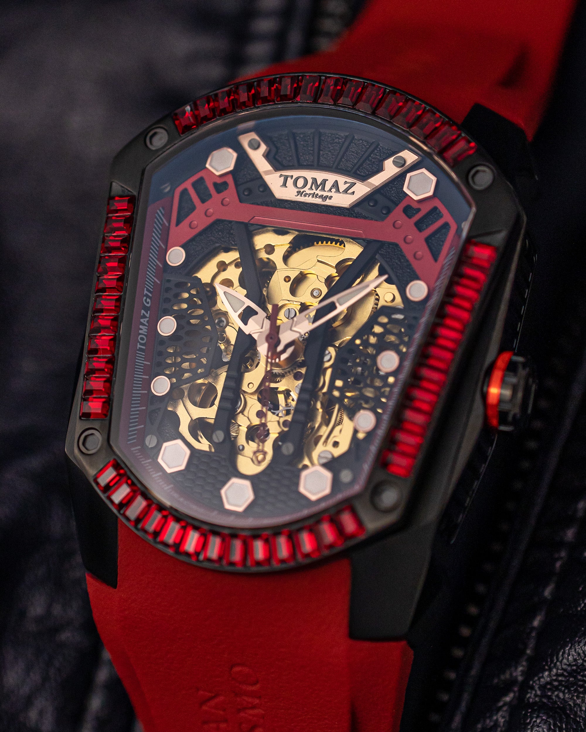 GT Skeleton TW028-D4 (Black/Red) with Red Swarovski (Red Rubber Strap)