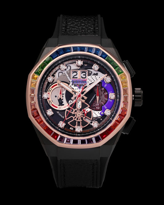 Marvel Thanos TQ023I-D1 (Black/Rosegold) with Rainbow Crystal (Black Leather with Silicone Strap)