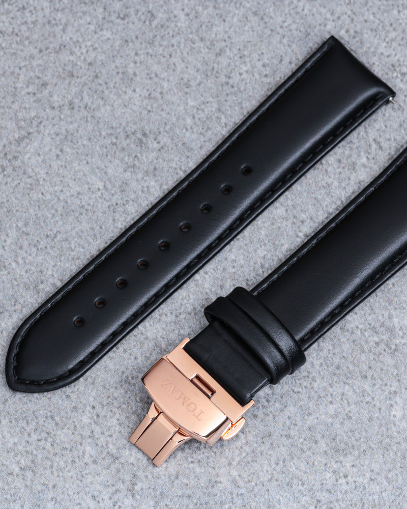 Tomaz TS2B Leather Plain 22mm Watch Strap Butterfly Clip (Black)
