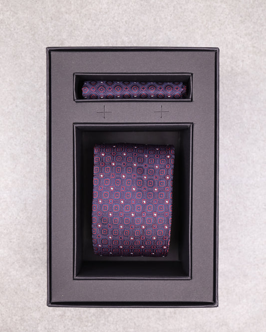 Tomaz TA03B-19 Tie + Pocket Handkerchief Square Boxes Spot (Navy/Red/White) Set