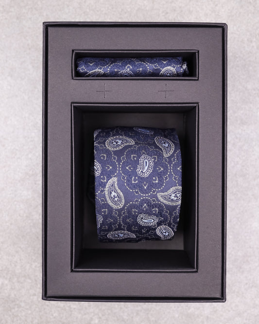 Tomaz TA03B-17 Tie + Pocket Handkerchief Dewdrop with Flower Square (Navy/Silver/White) Set