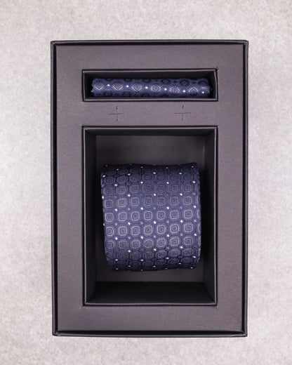 Tomaz TA03B-07 Tie + Pocket Handkerchief Square Boxes Spot (Navy/White) Set