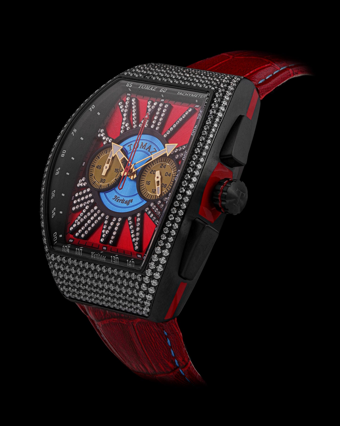 Tomaz Men's Watch TQ012A-D2 (Silver/Red) with Swarovski (Red Bamboo Leather Strap)