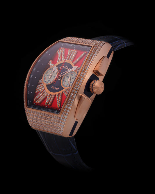 Tomaz Men's Watch TQ012A-D9 (Rosegold/Red) with Swarovski (Navy Bamboo Leather Strap)