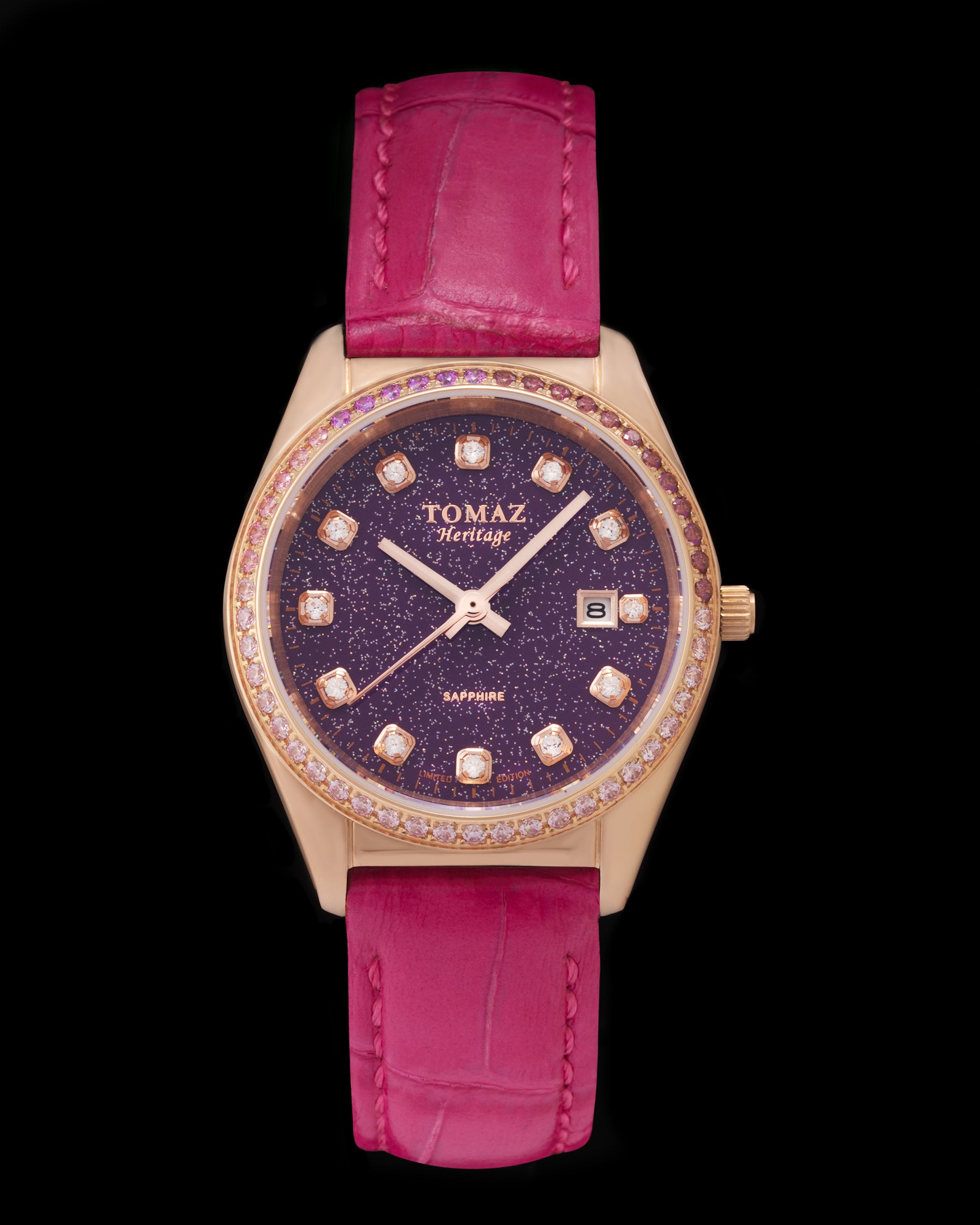 Jam Tangan Wanita Tomaz TQ017L-D28 Stardust (Emas Mawar/Ungu) dengan Swarovski Ungu (Tali Kulit Buluh Merah Jambu)