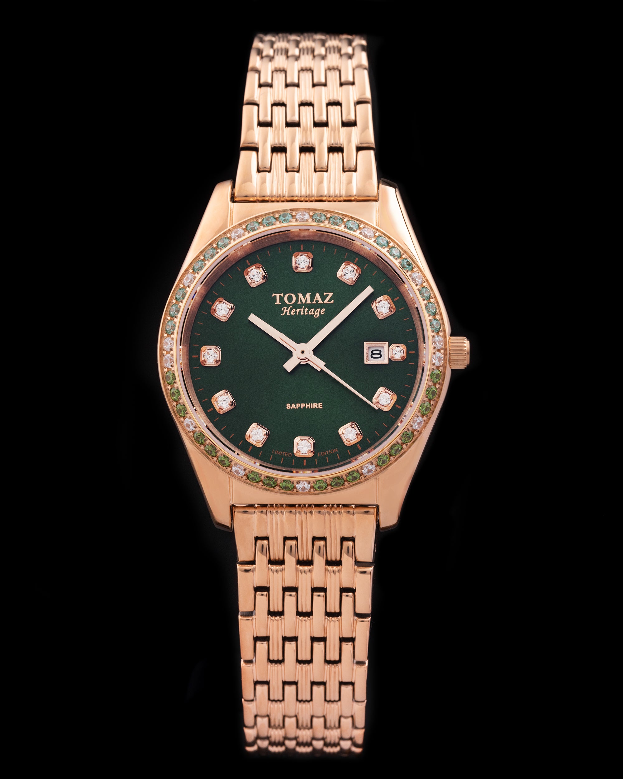 Tomaz Ladies Watch TQ017L-D35 (Rosegold/Green) with Green Crystal (Rosegold Steel Mesh Strap