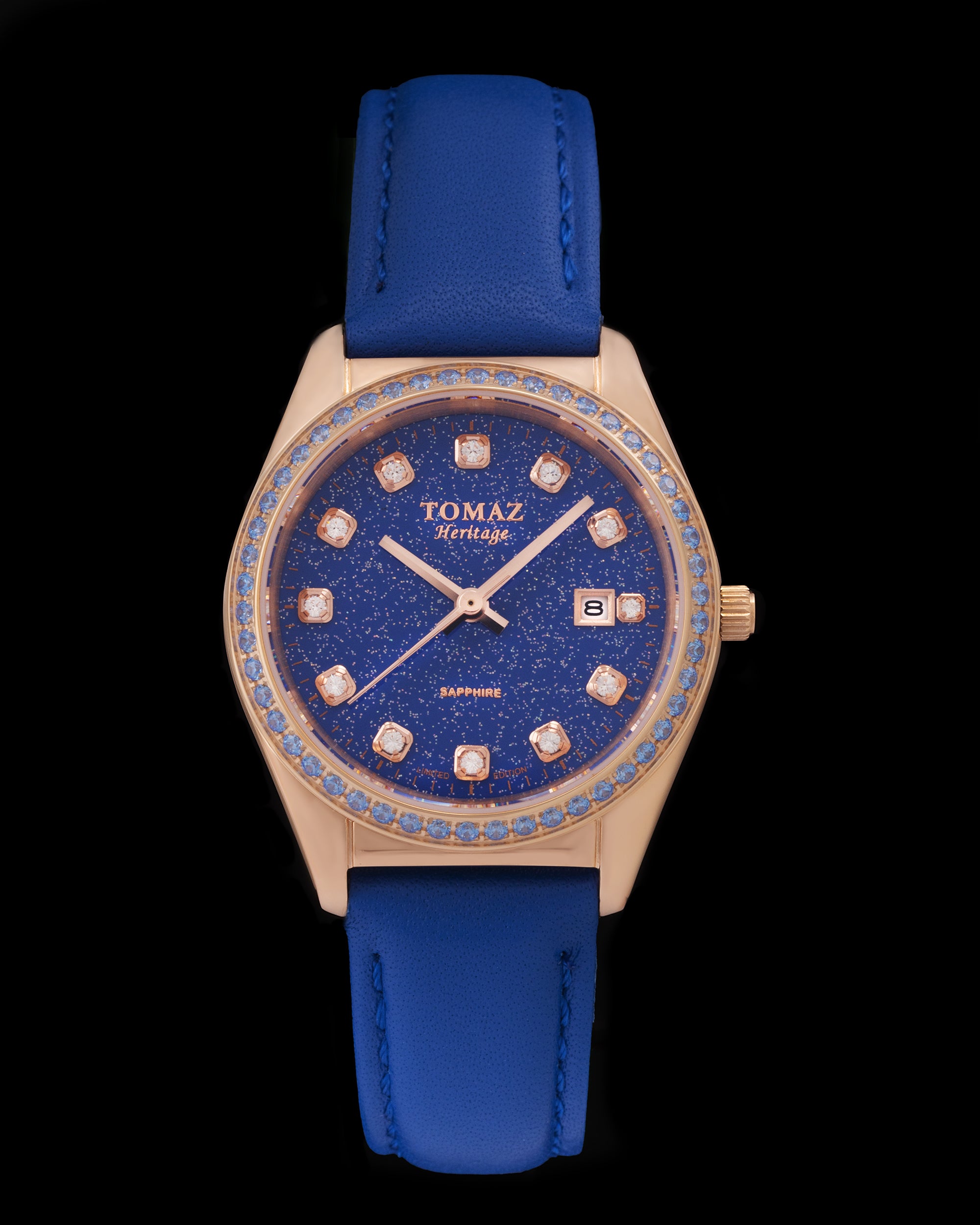 Jam Tangan Wanita Tomaz TQ017L-D37 Stardust (Emas Mawar/Biru) dengan Swarovski Biru (Tali Kulit Biru)