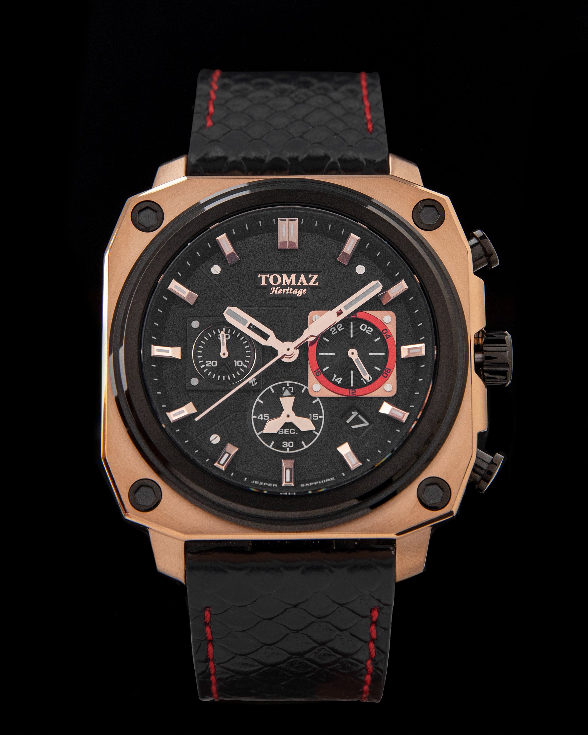 Jezper TQ021A-D4 (Rosegold/Hitam/Merah) Tali Kulit Salmon Hitam