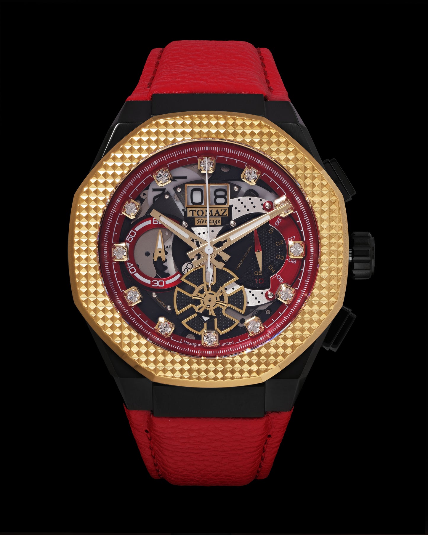 Hexagon TQ023A-D12 (Black/Gold/Red) Red Leather Strap