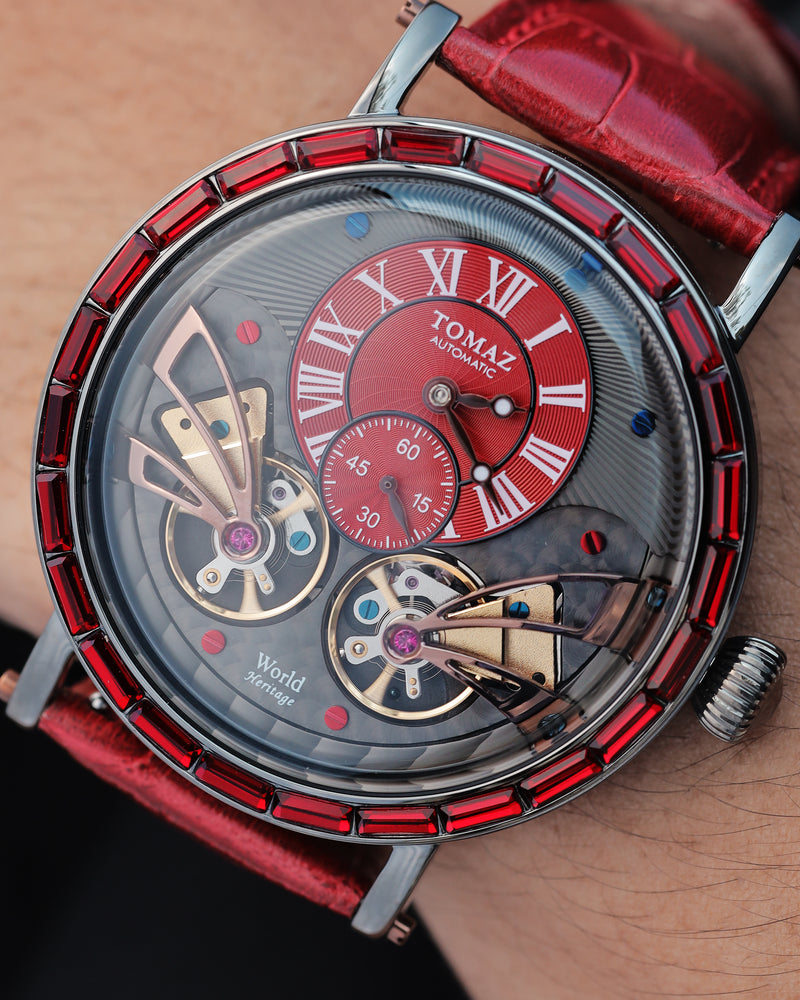 Double Wings  Automatic TW001-D3 (Black/Red) with Red Swarovski (Red Bamboo Leather Strap)