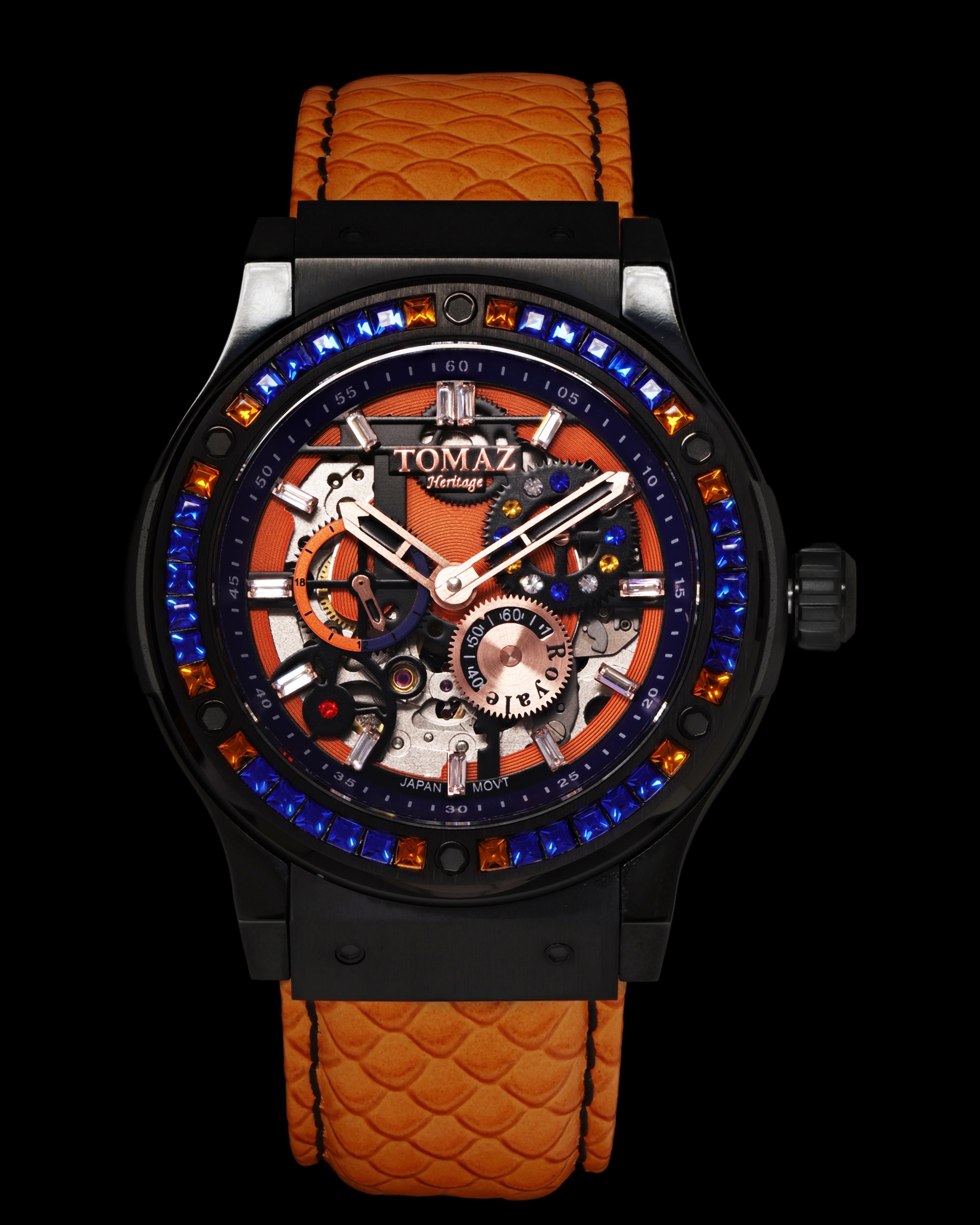 Royale TW014A-D2 (Black) with Blue Orange Crystal (Orange Salmon Leather Strap)