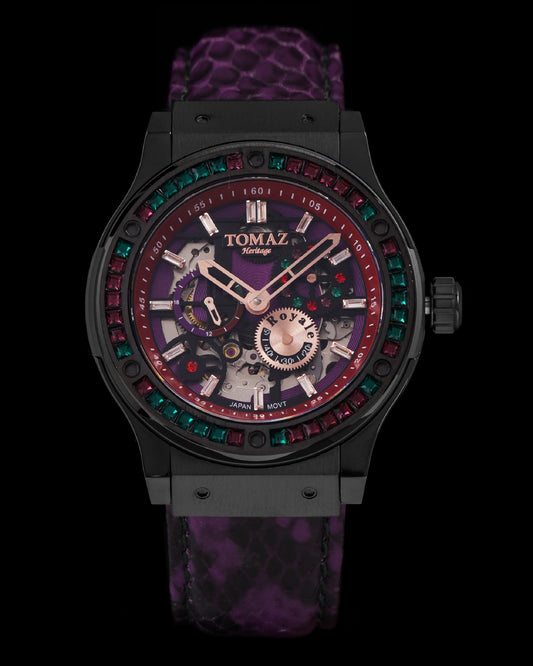 Royale TW014A-D4 (Black) with Green Purple Swarovski (Purple Salmon Leather Strap)