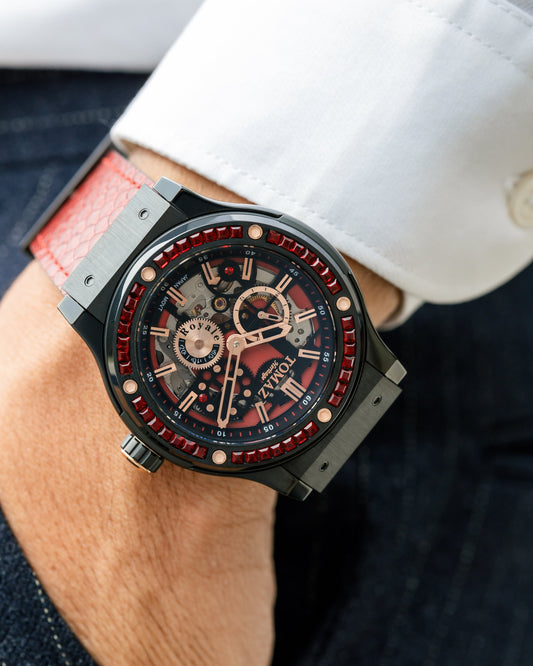 Royale TW014B-D4 (Black) with Red Swarovski (Red Salmon Leather Strap)