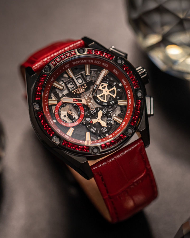 
                  
                    Load image into Gallery viewer, RAWR iii TW024A-D2 (Black/Red) with Red Swarovski (Red Bamboo Leather Strap)
                  
                