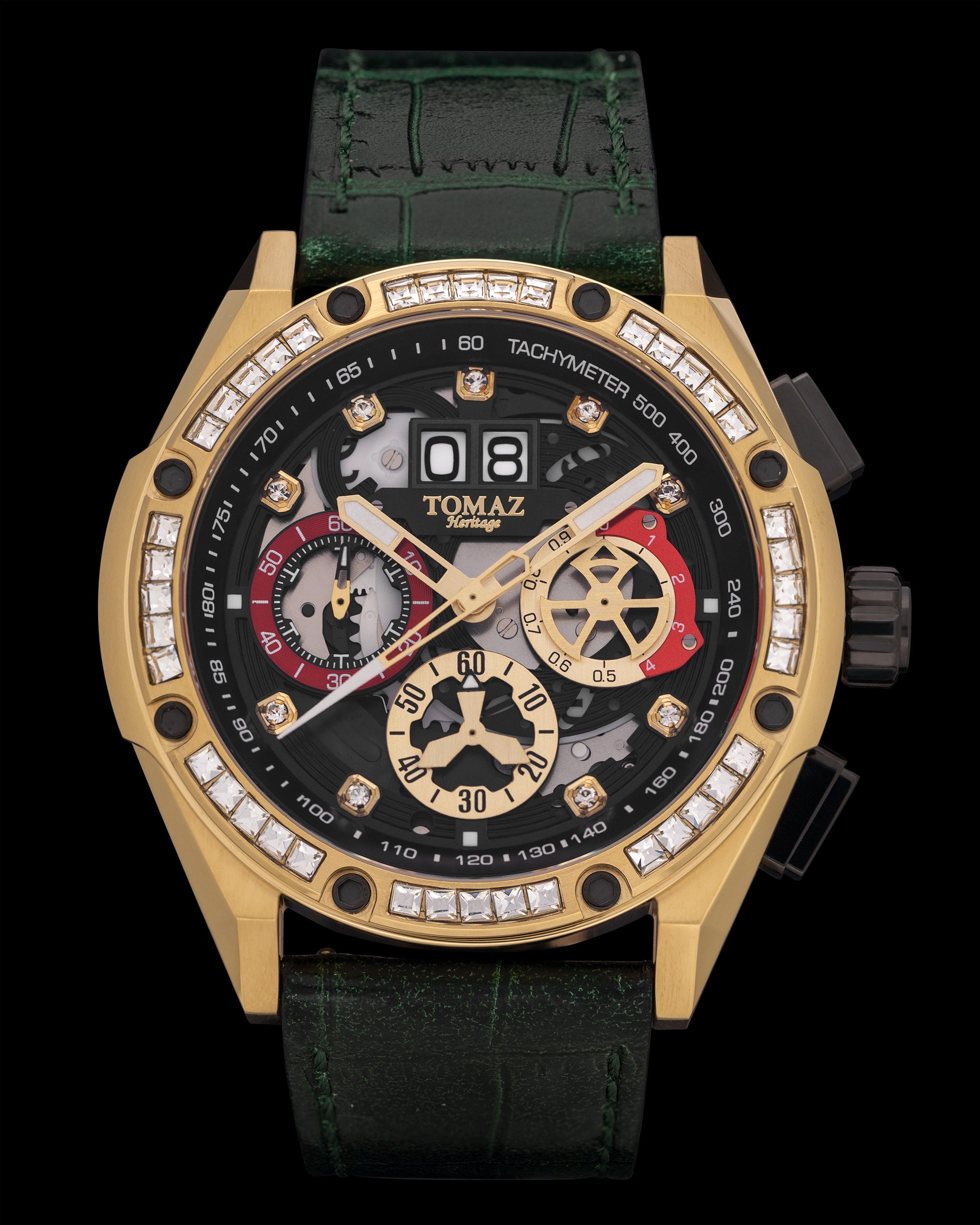 RAWR III TW024E-D8 (Gold/Black) with White Swarovski (Green Bamboo Leather Strap)