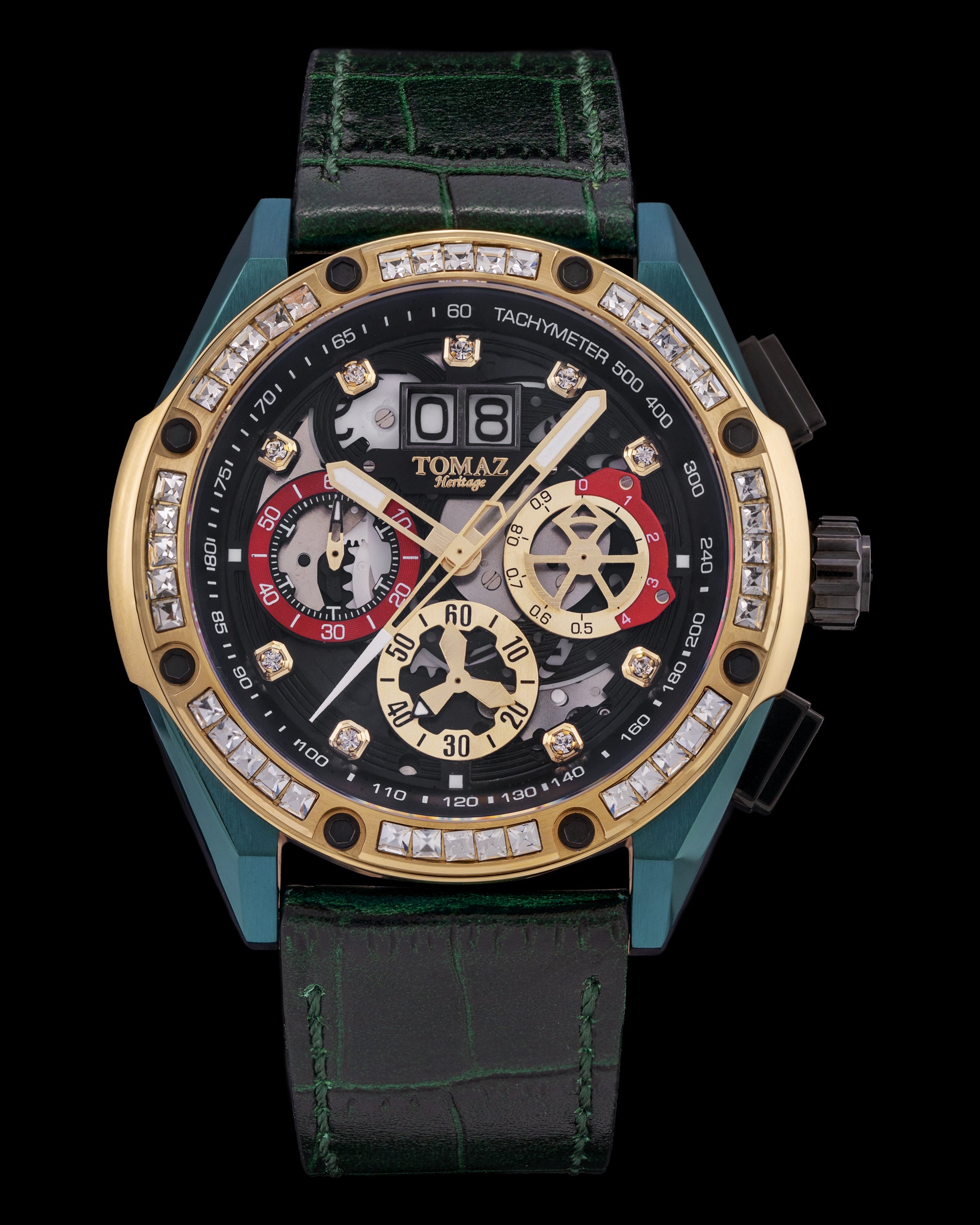 RAWR III TW024E-D9 (Hijau/Emas/Hitam) dengan Swarovski Putih (Tali Kulit Buluh Hijau)