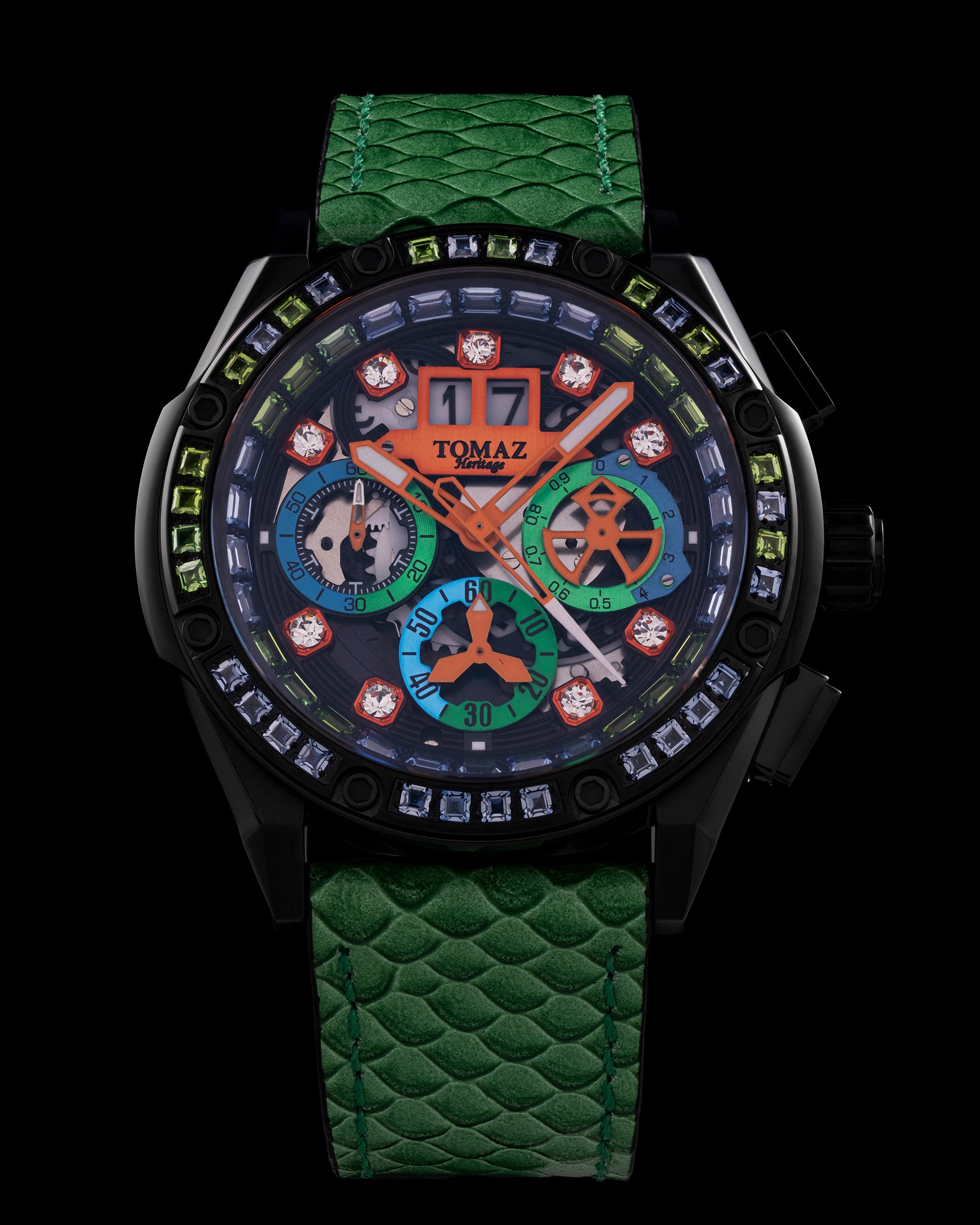 RAWR III TW024F-D12 (Black) with Green Blue Black Crystal (Green Leather Strap)