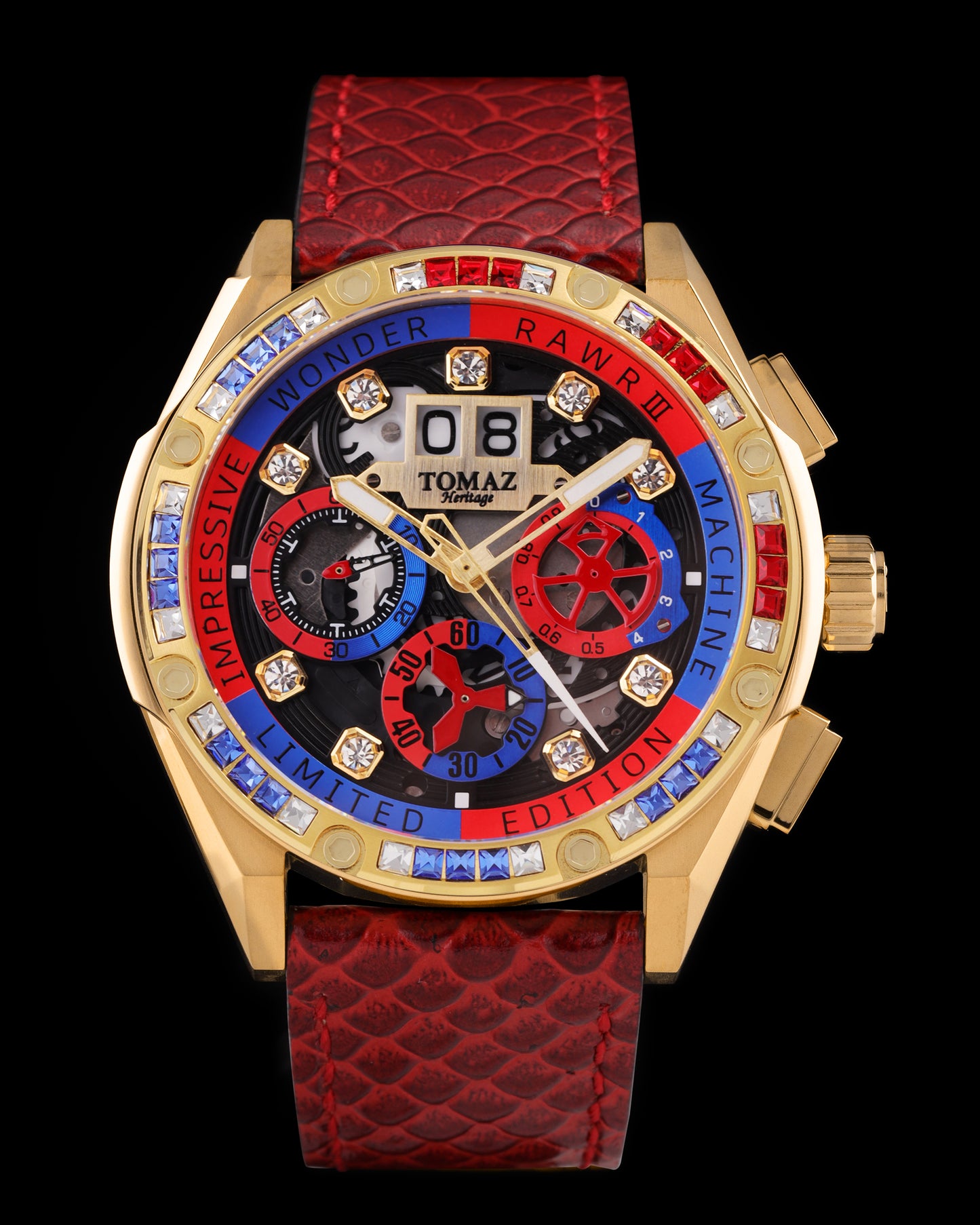 RAWR III TW024I-D10 (Gold) with Blue Red Yellow Swarovski (Red Salmon Leather Strap)