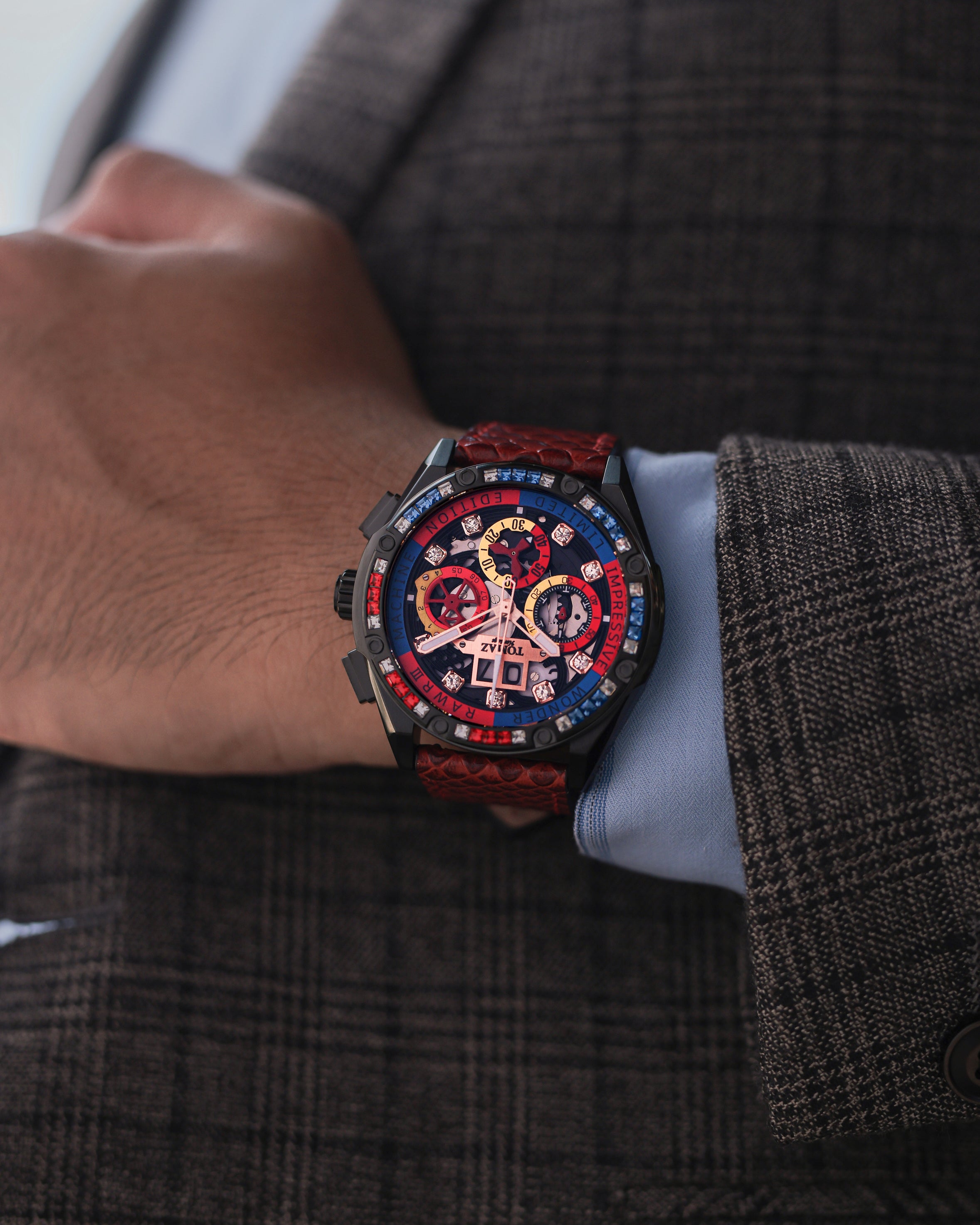 RAWR III TW024I-D11 (Black) with Blue Red Swarovski (Red Salmon Leather Strap)