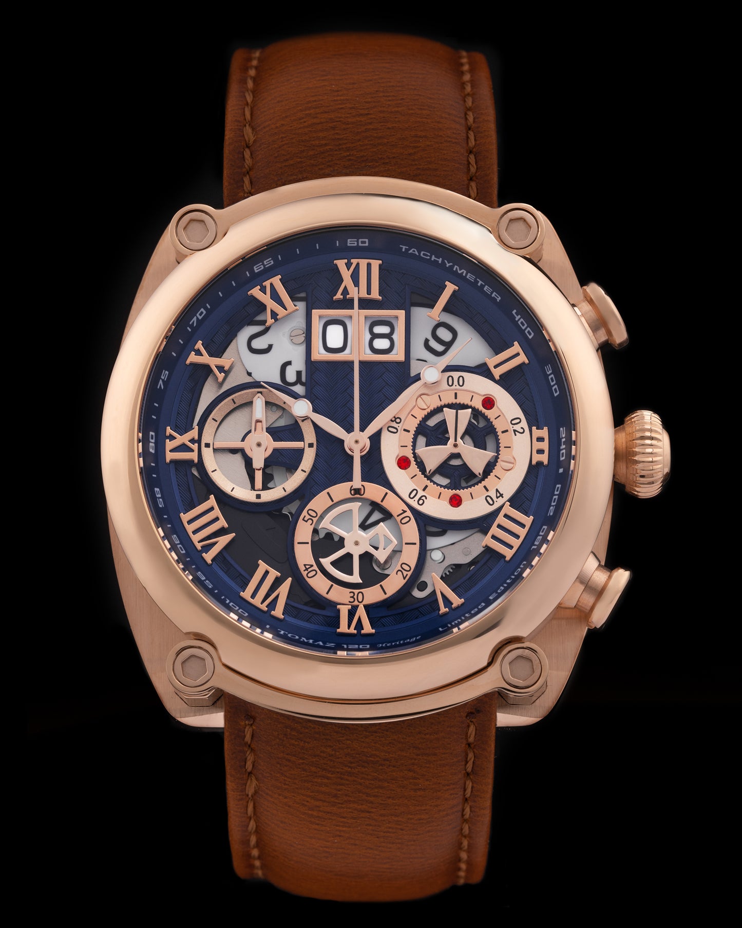Xavier TW026-D3A (Rosegold/Blue) Brown Leather Strap
