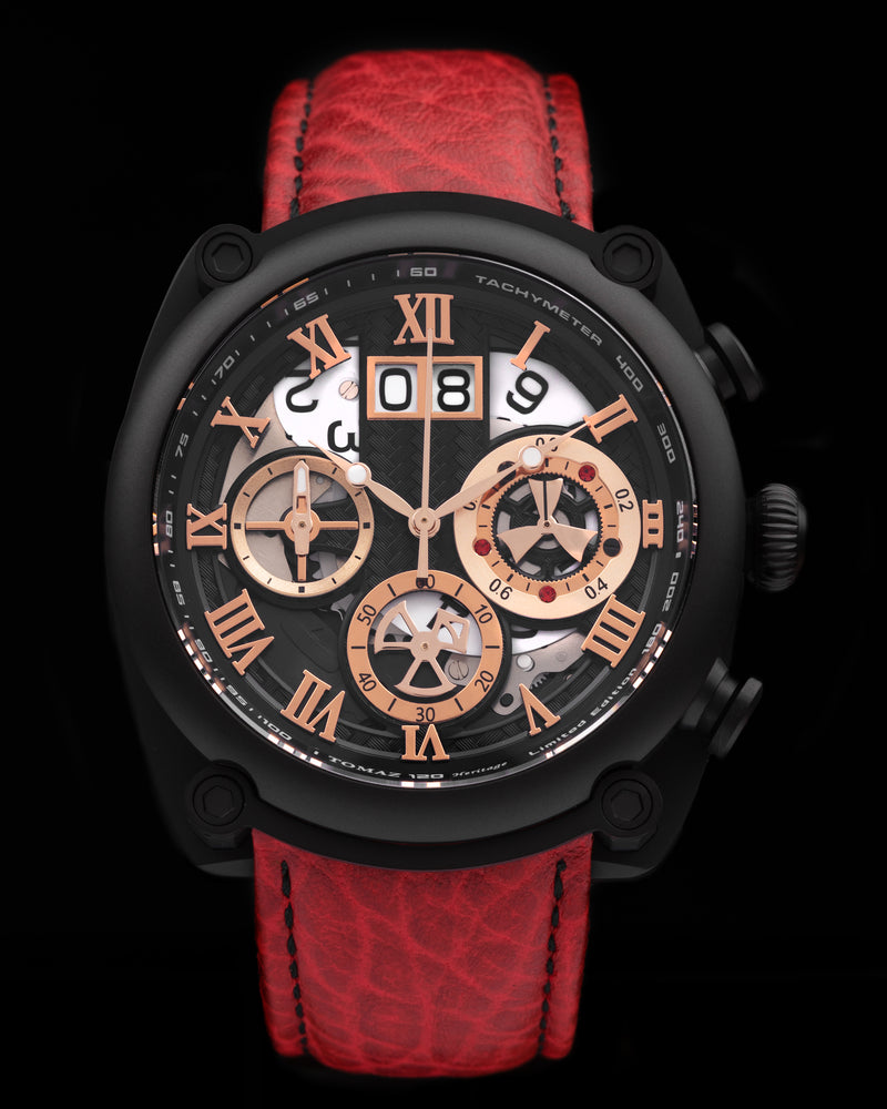 Xavier TW026-D6A (Black) Red Leather Strap