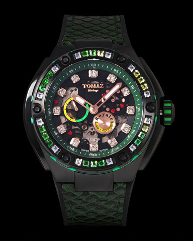 Royale XL TW027S-D18 (Hitam/Hijau) dengan Swarovski (Kulit Salmon Hijau dengan Tali Getah)