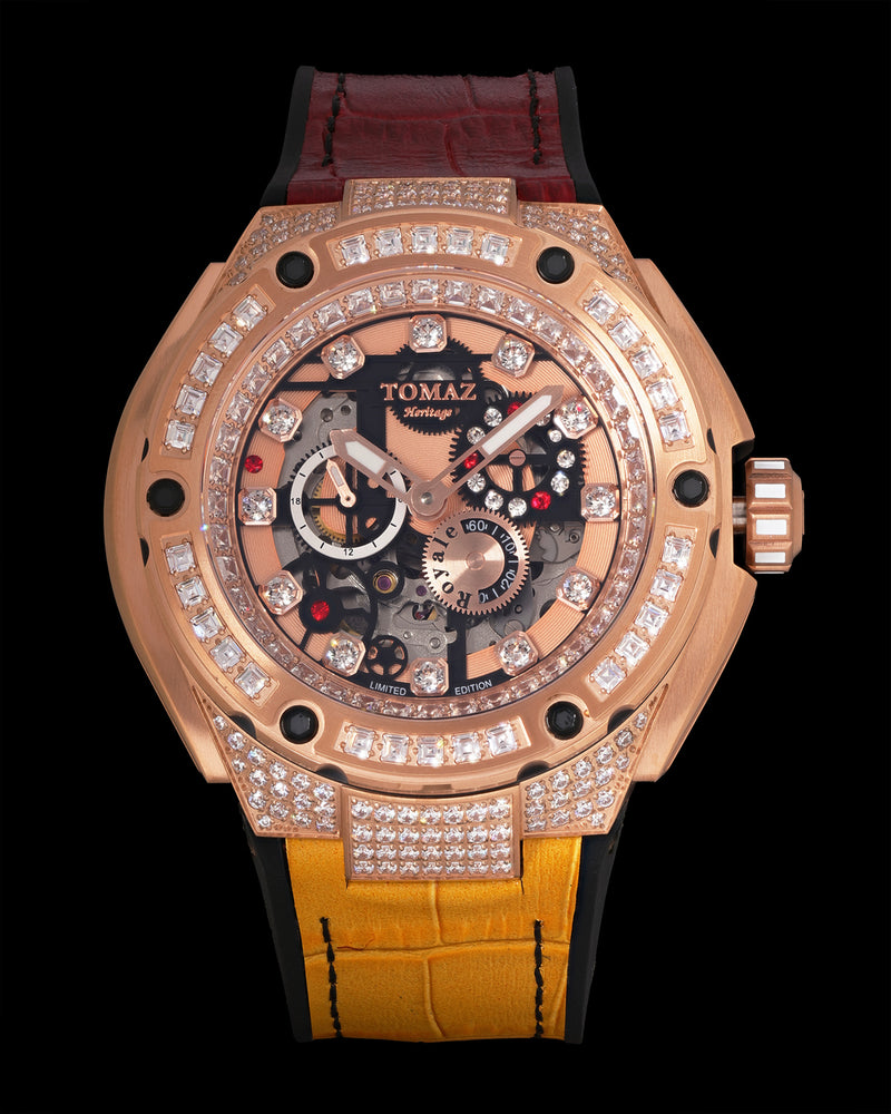 Royale XL TW027S-D6 (Rosegold) with Swarovski (Red Yellow Bamboo Leather with Rubber Strap)