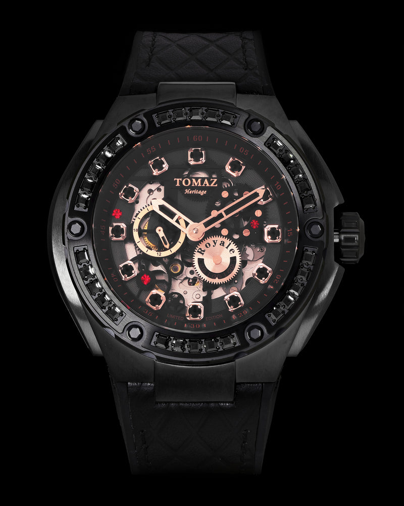 Royale XL TW027S-D21 (Black/Rosegold) with Swarovski (Black Leather with Rubber Strap)