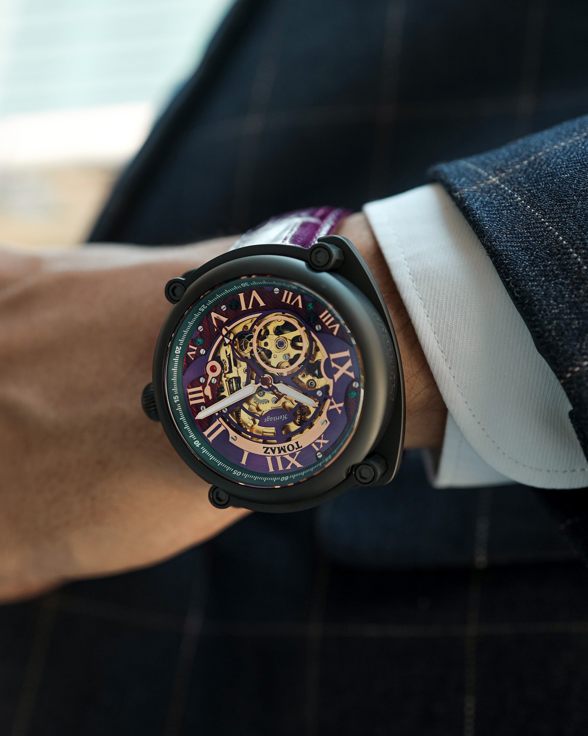 Xavier Automatic TW030-D15 (Black/Purple) Purple Bamboo Leather Strap