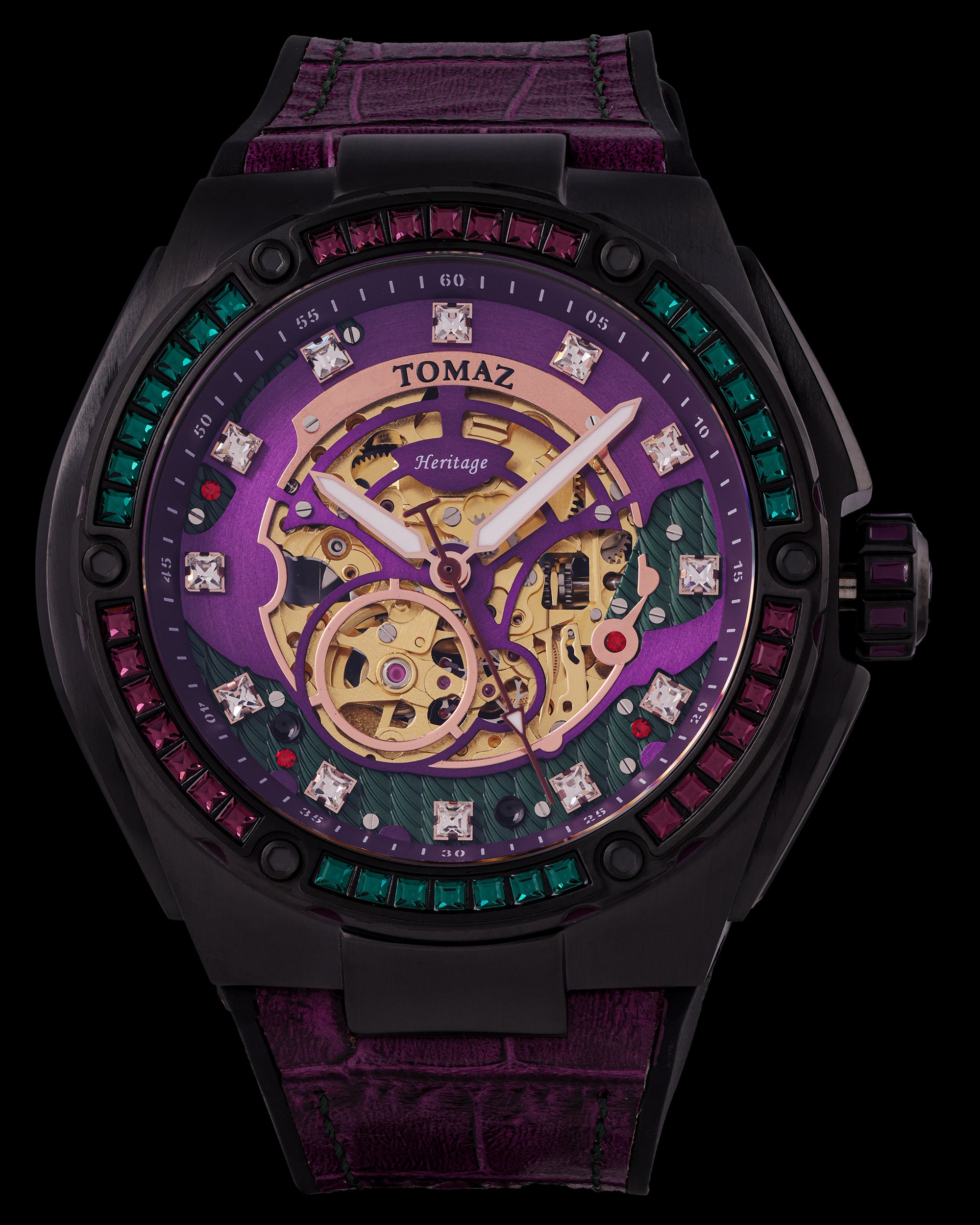 Xavier XL TW033-D1 (Black/Purple) with Green Purple Swarovski (Purple Bamboo Leather Strap)