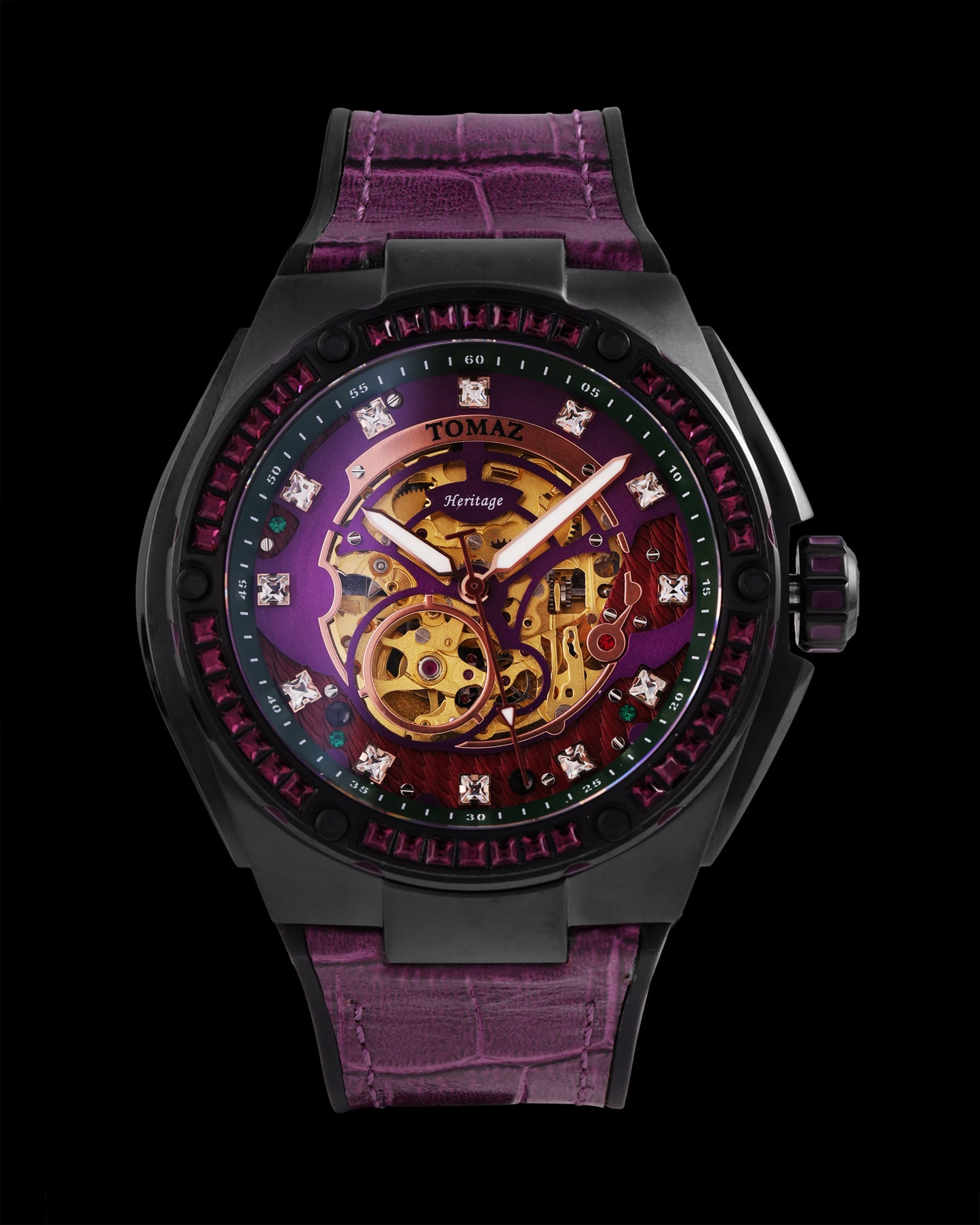 Xavier XL TW033-D1A (Black/Purple) with Purple Swarovski (Purple Bamboo Leather Strap)