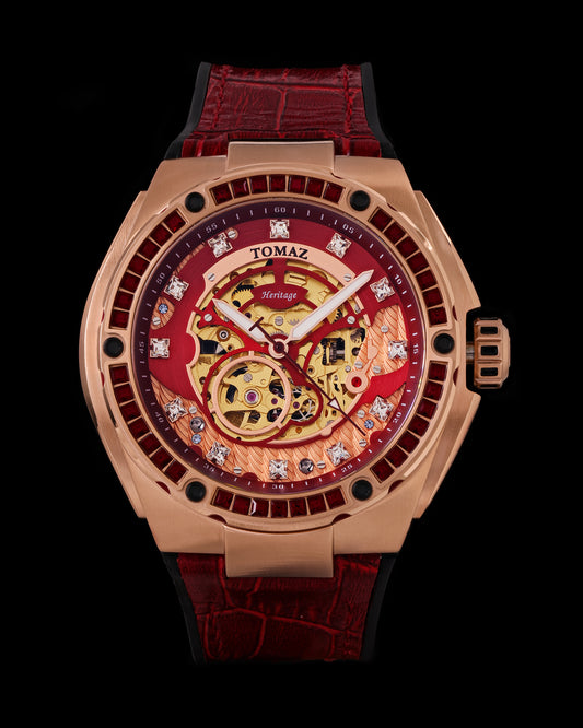 Xavier XL TW033-D3 (Rosegold/Red) with Red Swarovski (Red Bamboo Leather Strap)