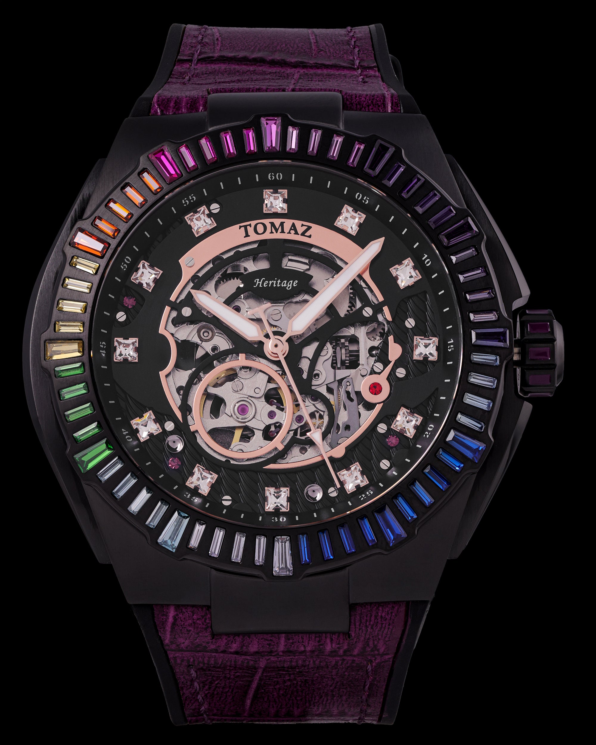 Xavier XL TW033-D4 (Black) with Rainbow Swarovski (Purple Bamboo Leather Strap)