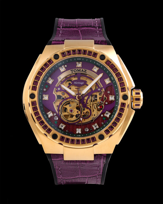 Xavier XL TW033-D6 (Gold/Purple) with Purple Swarovski (Purple Bamboo Leather  Strap)