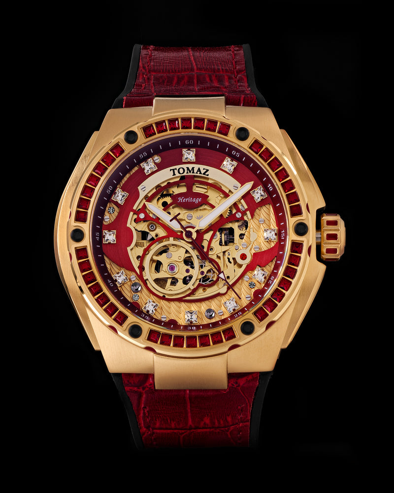Xavier XL TW033-D7 (Gold/Red) with Red Swarovski (Red Bamboo Leather Strap)