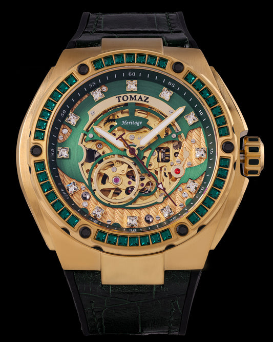 Xavier XL TW033-D8 (Gold/Green) with Green Swarovski (Green Bamboo Leather Strap)