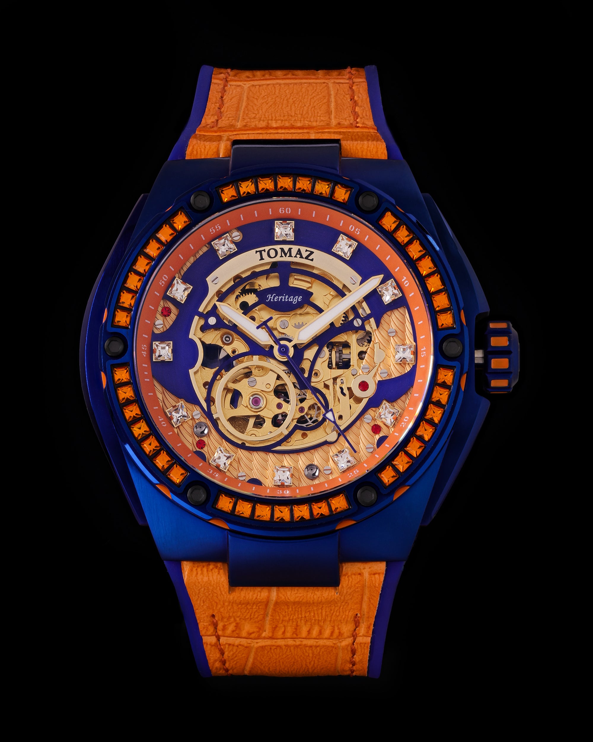 Xavier XL TW033-D9 (Blue) with Orange Swarovski (Orange Bamboo Leather Strap)