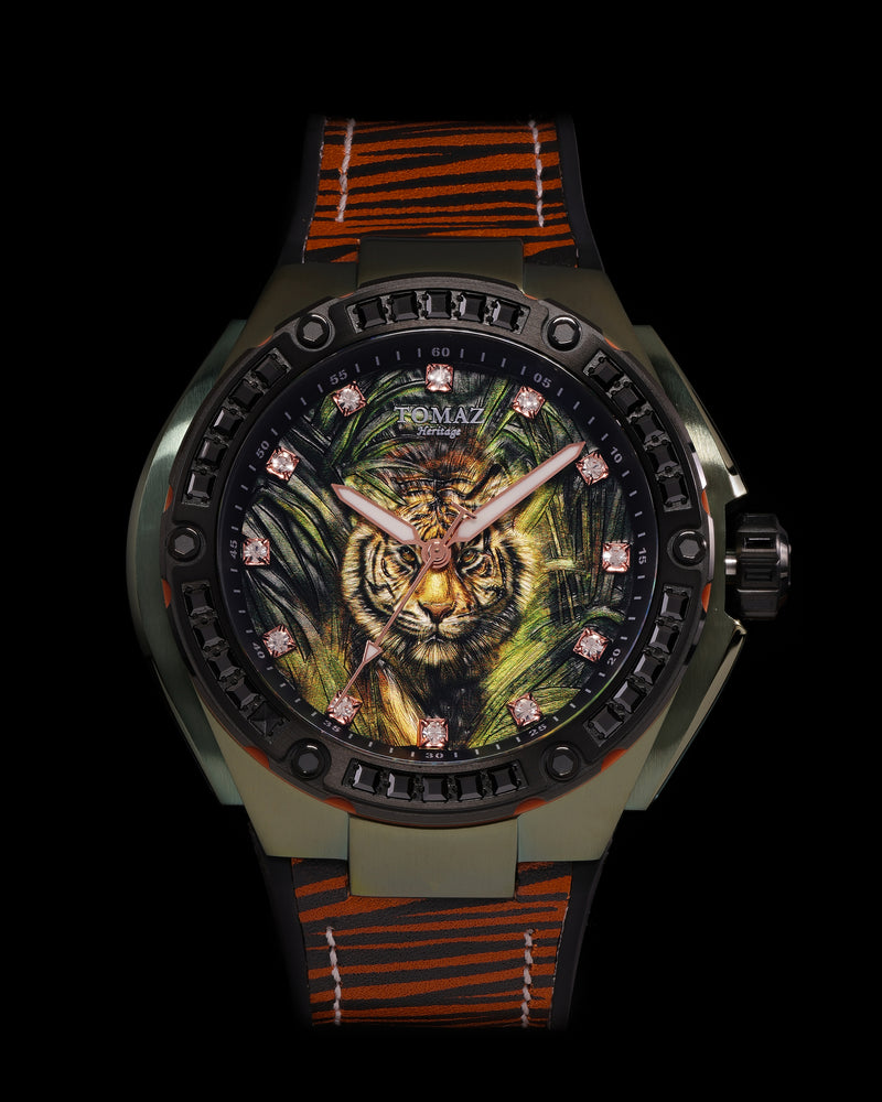 Harimau Limited Edition TW035-D2 (Black) with Green Tiger & Black Swarovski (Tigerstripe Rubber with Leather Strap)