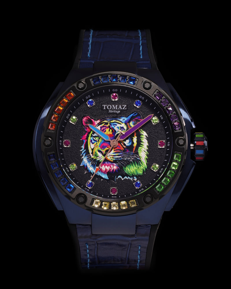 Harimau Limited Edition TW035-D3 (Blue/Black) with Rainbow Tiger & Swarovski (Blue Bamboo Rubber with Leather Strap)