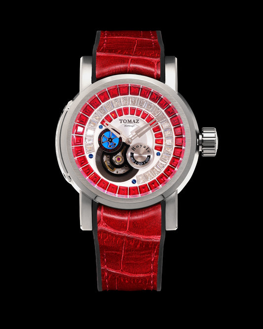 King TW036-D13 (Silver/White) with Red White Zirconia Crystal (Red Silicone with Leather Strap)